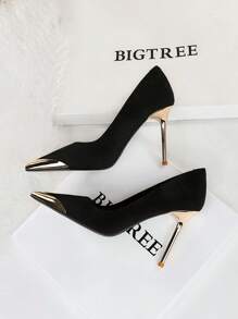 秋冬季中国风女式高跟鞋，尖头金属包边低帮派对高跟鞋，优雅