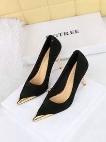 秋冬季中国风女式高跟鞋，尖头金属包边低帮派对高跟鞋，优雅