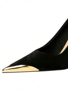 秋冬季中国风女式高跟鞋，尖头金属包边低帮派对高跟鞋，优雅