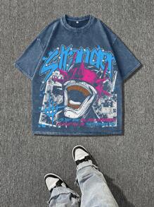 Camiseta casual de manga corta cuello redondo para hombre con estampado de personaje de graffiti monstruoso lavado y desgastado