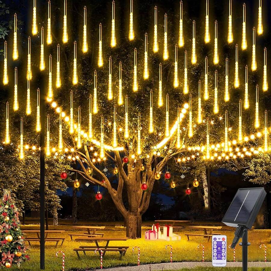 Solar Meteor Shower Rain Lights, 30CM 10 Tubes 240 LEDs Falling Rain Drop Lights, Christmas Icicle Meteor Lights, Falling Snowfall Lights For Outdoor Tree Garden Party - 暖白 - 查看 1