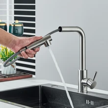 Brushed Nickel Kitchen Sink Mixer Taps 360° Rotation Pull Out Spray Stainless Steel Tap Single Lever Faucet With 2 Water Outlet Modes - Silver - View 2