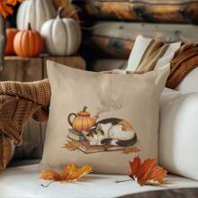 1pc Autumn Leaf Cat Sleeping Pillow Case, Single-Sided Printed Peach Velvet Material, 45*45/50*50/40*40CM Cushion Cover Suitable For Modern Minimalist Sofa, Living Room Decor, Gift - Multicolor - View 4