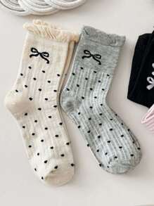 6 双女士春秋新款街头潮流涤纶可爱蝴蝶结字母透气中筒袜，秋季
