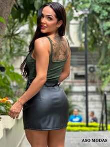 Fashion Women's Short Button Leather Skirt - màu đen - Xem 2