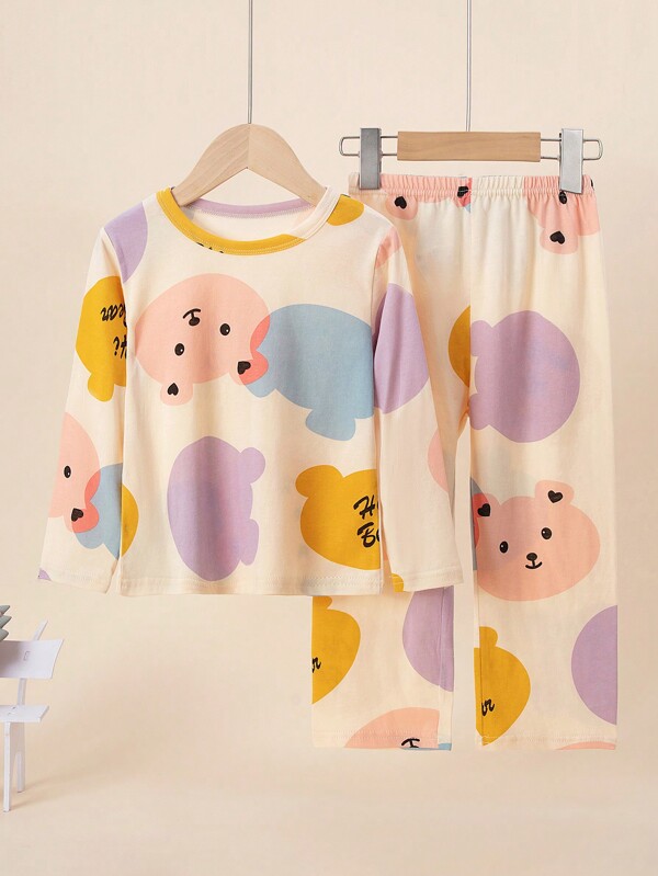 Young Girls Cute Bear Print Pajama Set, Long Sleeve Shirt And Pants, Spring Autumn Sleepwear