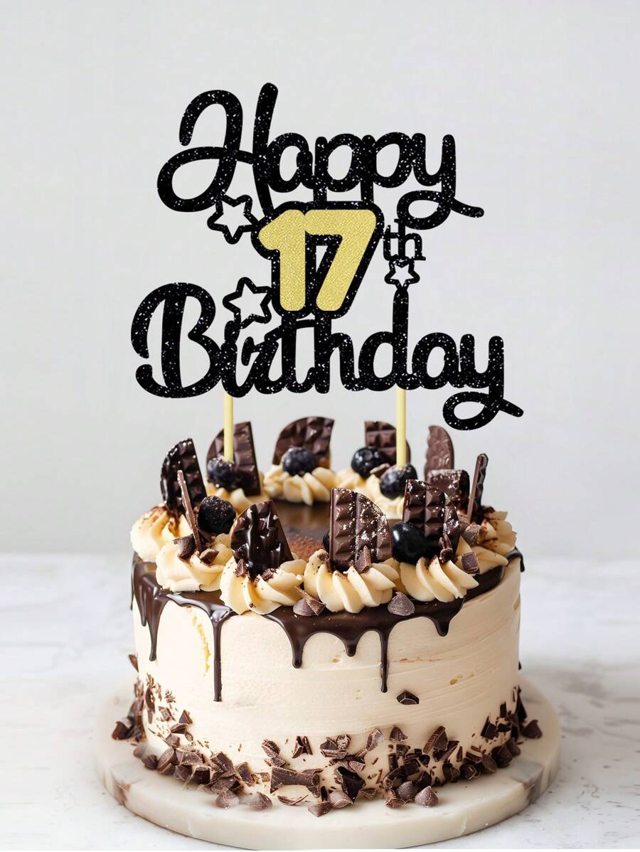 1 pieza Decoración en forma de pastel de cumpleaños con destellos para 17 años, decoraciones para pastel de cumpleaños, suministros de fiesta - Multicolor - Ver 1