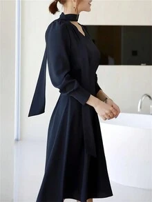 Women Spring/Autumn Casual Solid Color Waisted Dress - Black - View 3