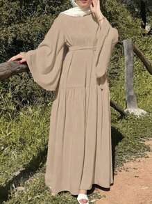 Women Spring Summer Elegant Solid Color Flare Sleeve Long Modest Dress - Khaki - View 1