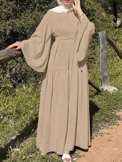 Women Spring Summer Elegant Solid Color Flare Sleeve Long Modest Dress