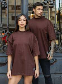 Oversized Plain Turtleneck T-Shirt Basic Men's Streetwear Unisex - 鏽棕色 - 查看 3