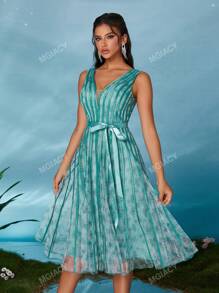 Vestido de festa com decote em V, transparente, plissado, para festa, convidado de casamento, vestido de coquetel