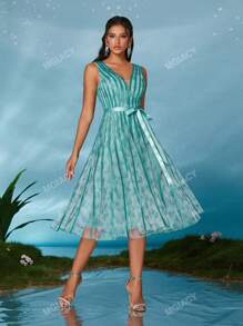 Vestido de festa com decote em V, transparente, plissado, para festa, convidado de casamento, vestido de coquetel