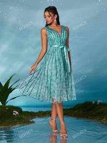 Vestido de festa com decote em V, transparente, plissado, para festa, convidado de casamento, vestido de coquetel