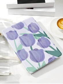1 pezzo Custodia protettiva per tablet con motivo a tulipani viola glitterati, con slot per la penna, protezione anti caduta, funzione sonno/sveglia compatibile con Samsung, Huawei, Xiaomi e iPad