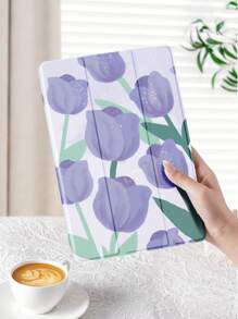 1 pezzo Custodia protettiva per tablet con motivo a tulipani viola glitterati, con slot per la penna, protezione anti caduta, funzione sonno/sveglia compatibile con Samsung, Huawei, Xiaomi e iPad