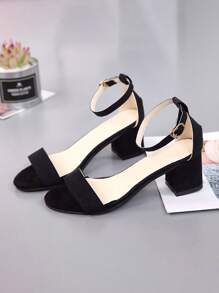 Sandalias de tacón alto hebilla de una línea, tacón grueso ajustable, punta abierta,, sexy, casual, elegante diosa - Negro - Ver 5