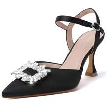 Women's Closed Toe Rhinstone Wedding Low Heel Slingback Clear Kitten Heels,Adjustable Strap Pointed Toe Bow Pumps High Heeled Prom Dress Shoes - 黑色 - 查看 1
