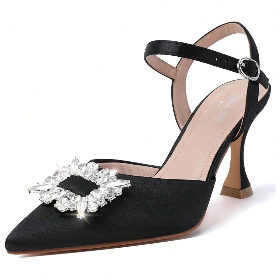Women's Closed Toe Rhinstone Wedding Low Heel Slingback Clear Kitten Heels,Adjustable Strap Pointed Toe Bow Pumps High Heeled Prom Dress Shoes - 黑色 - 查看 1