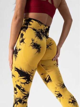 1 件女式瑜伽健身紧身裤，扎染图案，高腰收腹