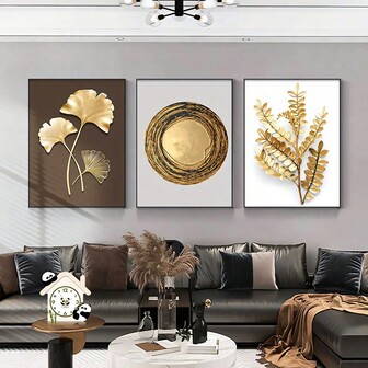 3pcs Modern Luxury Round Leaf Printed Canvas Wall Art, Living Room Bedroom Office Decoration Poster, Home Decor Gift, Frameless