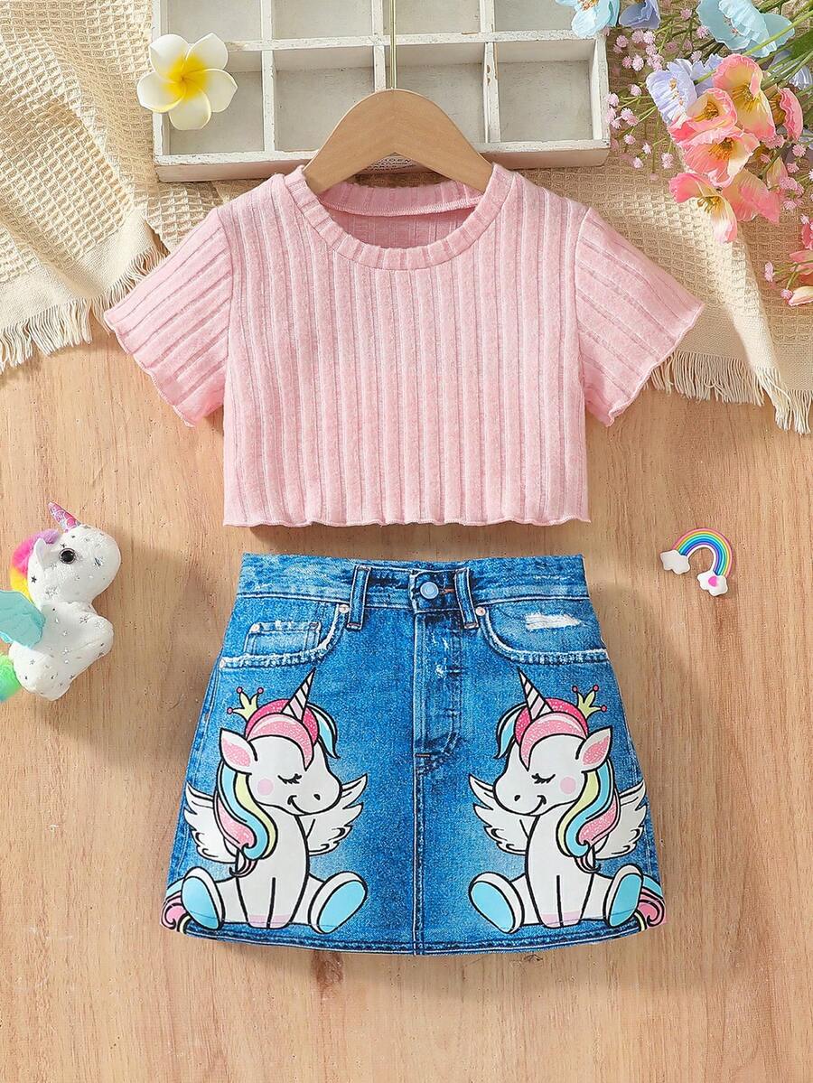 2pcs/Set Young Girls Solid Frill Trim Crop Top + Unicorn Print Denim Effect Skirt Set - Pink - View 1