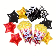 Kit de Decorações para Festa Temática de Noite de Cinema com 10 peças - Balões de Estrelas de Papel Alumínio Pretos, Vermelhos e Dourados em formato de Pipoca, Balão de Papel Alumínio do Quadro de Claquete do Filme, e Balão de Papel Alumínio Preto e Dourado em formado de Coletivo de Estrelas - Multicolorido - Visão 2