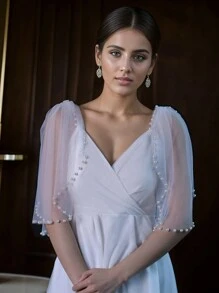 1对新娘礼服吊带披肩，5种颜色可选，短款珍珠雪纺肩部装饰，带安全别针，新娘婚礼肩部配饰 - 雙肩披肩 - 查看 5