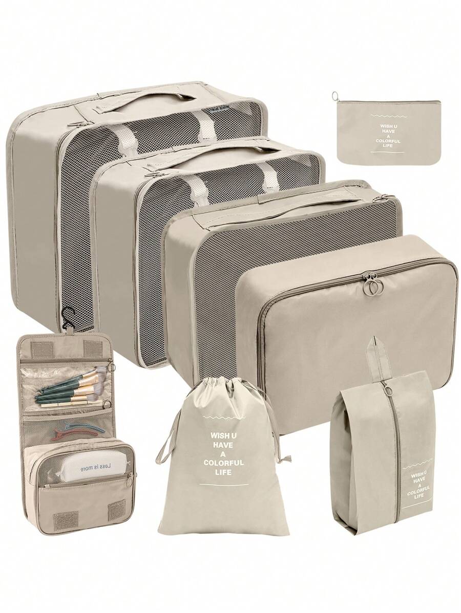 8 件/套涤纶旅行，极简主义黑色口号图形旅行背包，适合旅行、化妆、化妆品、度假收纳袋、大容量化妆品收纳袋化妆盒，适用于口红、刷子、护肤品、手机、硬币、小物品，适用于家庭、礼物、度假和节日万圣节圣诞节多功能用途 - 黑色 - 查看 1