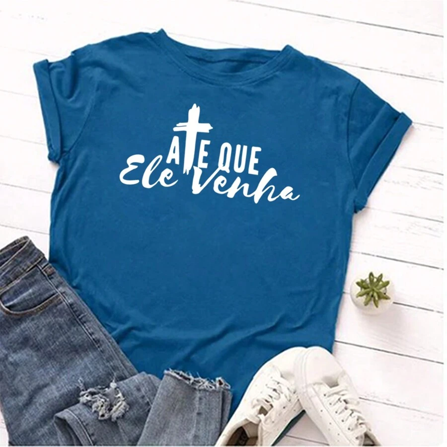 Blouse T-Shirt Beautiful Women's T-Shirt Until He Comes Jesus Elegant Shirt Cotton Fabric - 寶藍色 - 查看 1