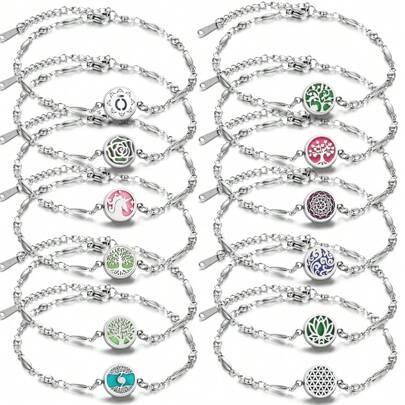 Bracelet aromathérapie en acier inoxydable Mini compact, bracelets de parfum à l'huile essentielle pour femmes. Médaillon ouvert avec design arbre de vie et fleur. Diffuseur de parfum et d'arôme. Bijoux pour la Saint-Valentin, maman, mère, Fête des mères, cadeau