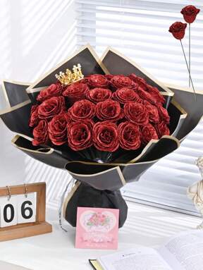 12Pcs/Set Or 6Pcs/Pack 2.76in/7cm Glitter Roses Bouquet, DIY Fake Glitter Flowers Bouquet, Red Plastic Faux Flower, Artificial Rose Flower, Everlasting Shiny Artificial Rose Bouquet For Anniversary, Engagement, Wedding Gift, Home Decor, Office Kitchen Decor, Party Decor, Room Decor Stuff, Valentine's Day Decor, Mother's Day Decor, Valentine Day, Gift Gifts Birthday Graduation
