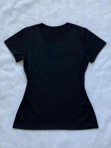 Basic Plain Women's T-Shirt Baby Look 100% Cotton Blouse - màu đen - Xem 1
