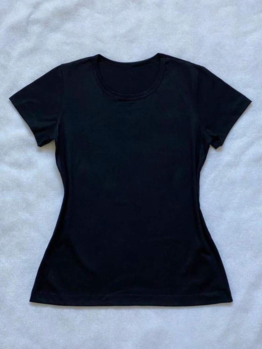Basic Plain Women's T-Shirt Baby Look 100% Cotton Blouse - màu đen - Xem 1