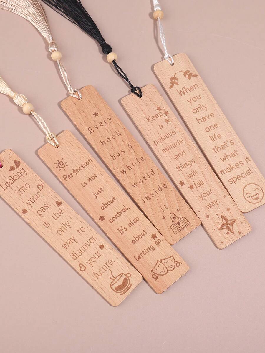 1 pieza Separador de libros de madera sencillo, diseño personalizado con borlas de diferentes colores, separador de libros de ayuda para la lectura, accesorios de lectura en el hogar, útiles escolares de vuelta a clases - Marrón - Ver 1