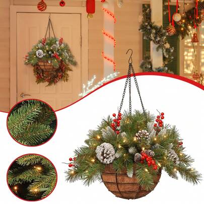 1pc Artificial Christmas Hanging Basket With Glittery Bristle Pine Frosted Pine Cone,Home Decor,Christmas Decor,Party Supplies