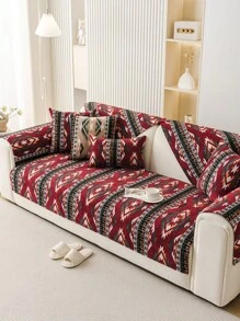 1pc Bohemian Style Geometric Embroidered Sofa Cover, Modern Pattern Pet Friendly Couch Protector, Suitable For Bedroom, Office, Living Room, All Season - Red - View 5