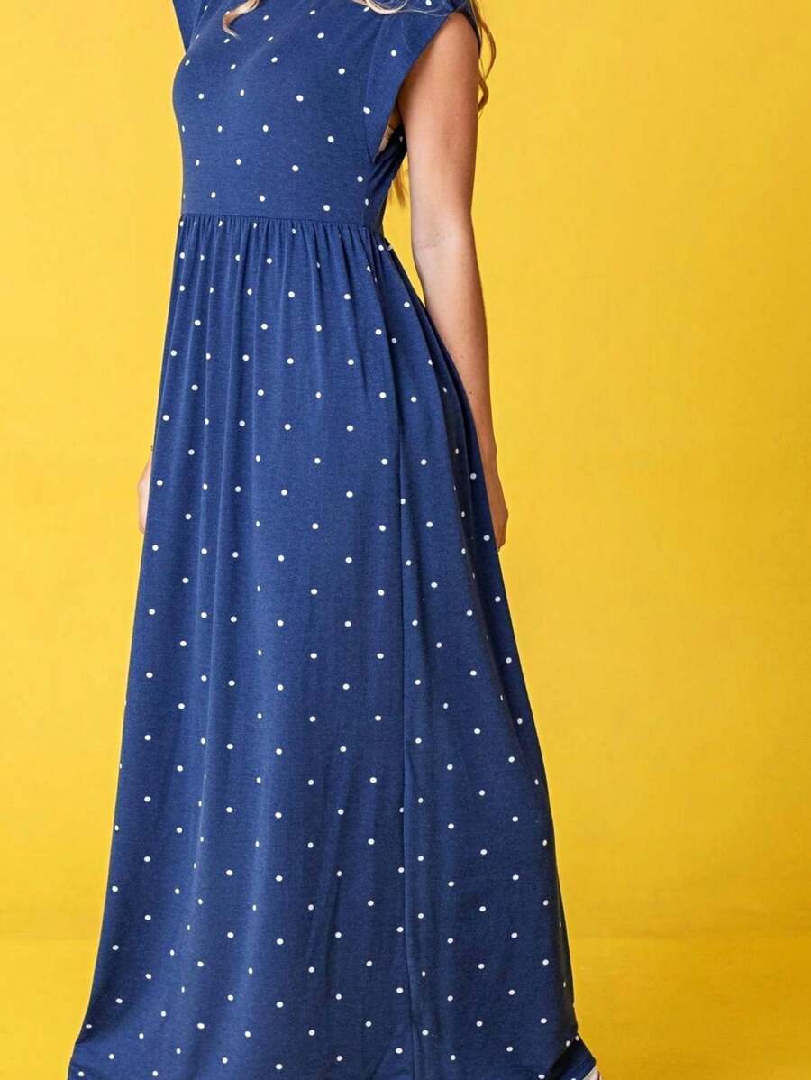 Boho Retro Polka Dot Rayon Mix Casual  Maxi Dress With Folded Cap Sleeve Side Pockets Versatile Summer Dress For Women - 藏蓝色 - 查看 1