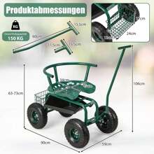 Rolling Garden Seat, 360° Rotating Garden Seat With Handle, Backrest & Seat Cushion, Garden Stool With Shelf, Basket & Tool Bag, Seat Height Adjustable, Up To 150kg, Garden Cart For Gardening - Green - View 5