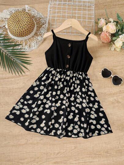 Vestido Casual de Verão para Meninas, Estampa de Crisântemo Colorido em Remendo, Decorado com Botão, Roupas para Meninas Jovens