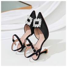 Women's Closed Toe Rhinstone Wedding Low Heel Slingback Clear Kitten Heels,Adjustable Strap Pointed Toe Bow Pumps High Heeled Prom Dress Shoes - 黑色 - 查看 8
