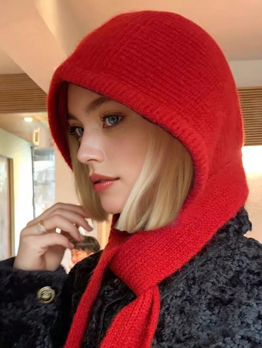 1 Máy Tính Nữ Đan Dày Balo Mũ & Bộ Khăn Quàng Cổ, Màu Đỏ, Ấm Áp & Chống Gió, thiết Kế Unisex Cho Mùa Thu/Mùa Đông - Nhiều màu - Xem 1