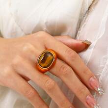 1 pieza Anillo de acero de titanio para mujer, diseño vintage audaz con incrustación de piedra natural, banda ancha de adecuada para uso diario