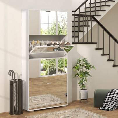  HOMCOM Meuble à chaussures 2 en 1 armoire à chaussures façades miroir, 4 portes abattants, étagères réglables, 76l x 26P x 168H cm blanc