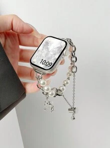 1pc Faux Pearl Bracelet Stainless Steel Watch Band Compatible With IWatch 46/38/40/41/42/44/45/49mm, Applicable To Series 10/9/Ultra/SE/8/7/6/5/4/3/2/1, Mi Band 9Pro/8Pro, Watch Fit 4/3/2/1, Redmi Watch 5/4