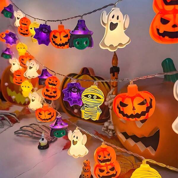 1 pieza 10LED/20LED/40LED Cadena de luces de decoración de Halloween, cadena de luces coloridas de calabaza, fantasma, araña y momia para decoración de hogar durante el festival, creando ambiente de Halloween
