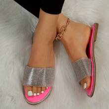 Women's Summer Flat Sandals - Solid Color Sandals For Indoor And Outdoor Sandals And Sparkly Diamond - 玫紅色 - 查看 4