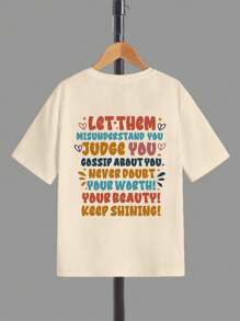 Tween Girl Casual Slogan Graphic Short Sleeve Tee For Summer - Apricot - View 7