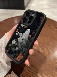 Brighten Up Your  With A Simple Anti-Shock Phone Case Featuring A Pattern Of Flowers And White Ghosts, Compatible With  11/12/13/14/15/15pro/15 Plus/15 Promax. - 黑色 - 查看 2