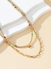 1 件多巴胺设计串珠多层字母“M”项链，女士生日礼物 - 金黃色 - 查看 4